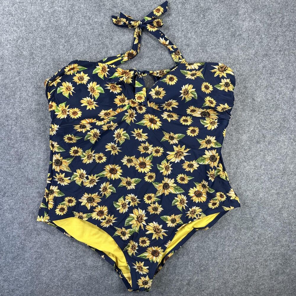 Peyton & Parker Swimsuit Womens 3X Navy Sunflower One Piece Halter Padded Ruched